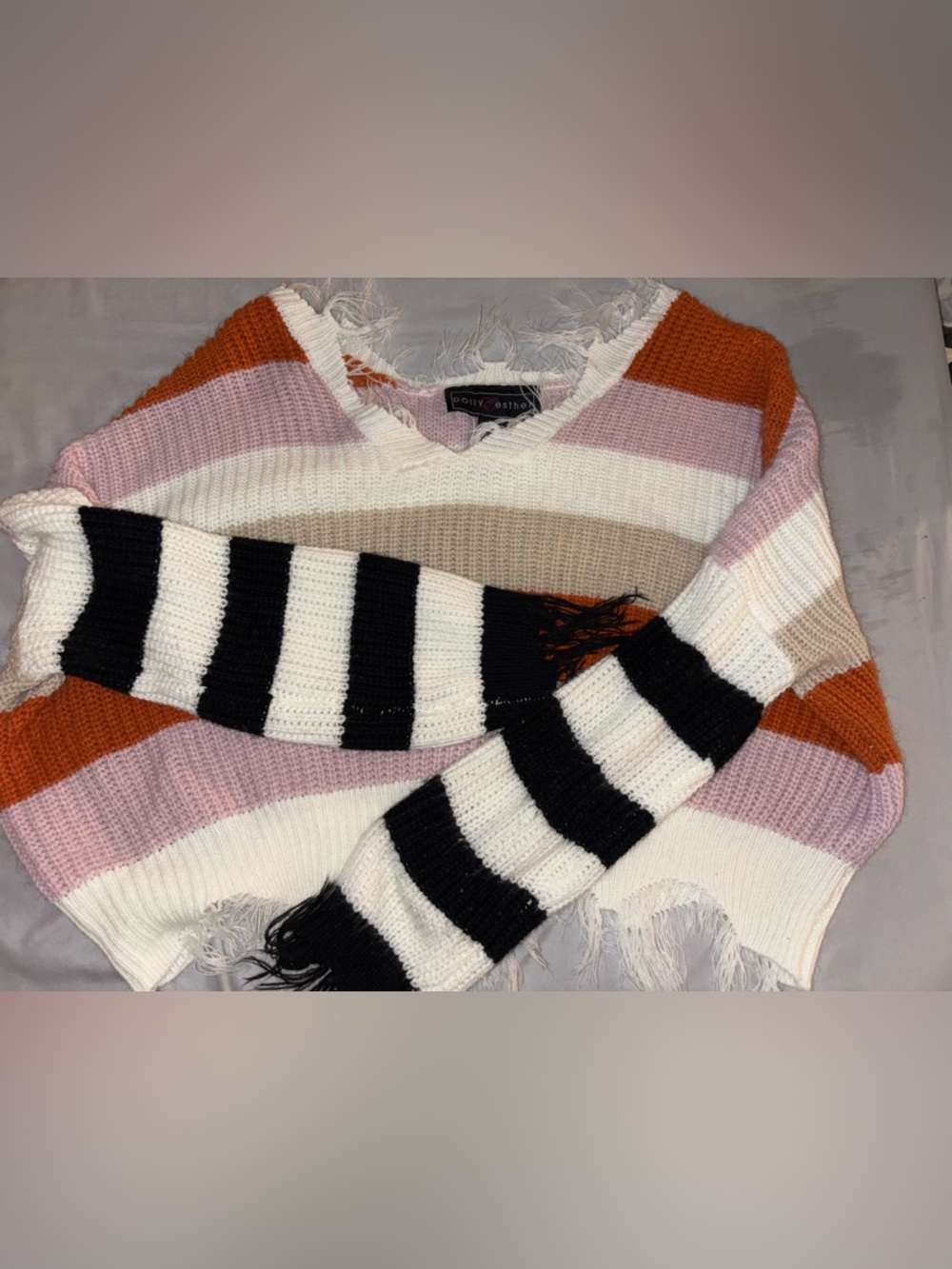 Polly & Esther Multi-Stripe Fringe Knit Poncho in Pink, Cream, Black & Rust